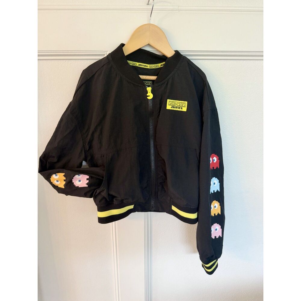Justice Girls PAC-MAN Bomber Jacket Kids Medium Black Retro Arcade Gaming